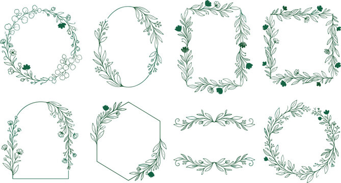 Delicate green monoline botanical frame and wreath collection with elegant leaves and floral details