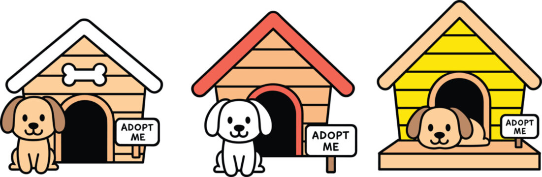 Cute cartoon puppies sitting by wooden doghouses with adopt me signs for animal shelter pet adoption concept