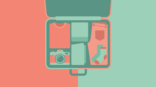 Open suitcase packed with clothes and camera for travel.