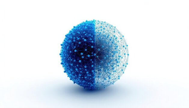 Abstract blue sphere transforming into dispersed floating particles with particles transformation abstract disperse dissolve innovation explosion geometric spherical breakdown particle