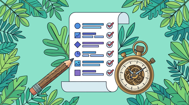 checklist and task management concept with wooden pencil progress tracking and vintage clock in a green leafy background