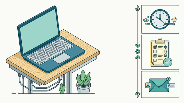 flat design illustration of productivity and time management with laptop checklist and clock