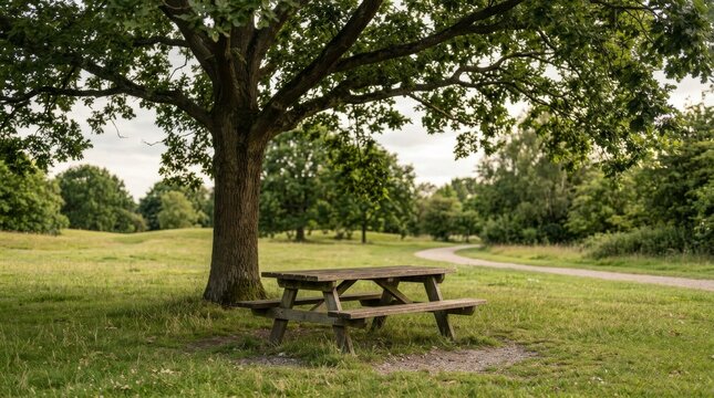 Wooden picnic table under a large oak tree in a sunny park.