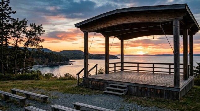 Wooden outdoor stage overlooking the ocean at sunset in Maine.