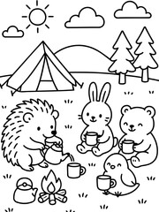 Fototapeta premium Cute Forest Animal Camping Party: A charming cartoon illustration depicts a hedgehog, rabbit, bear, and chick enjoying a camping trip.