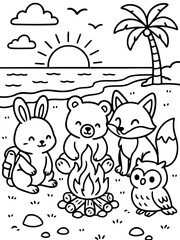 Obraz premium Cute Animal Friends by Campfire: A whimsical black and white illustration depicts a rabbit with a backpack, a bear, a fox, and an owl gathered around a glowing campfire on a beach at sunset.