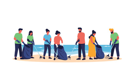 Fototapeta premium Diverse group of people cleaning up a beach, collecting trash in bags for environmental protection