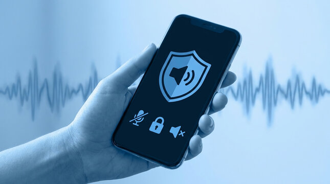 Cybersecurity concept showing hand holding a phone with audio encryption icons, microphone security, and waveform visualization in blue