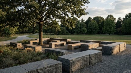 Fototapeta premium Modern Stone Seating Area in a Peaceful Public Park.