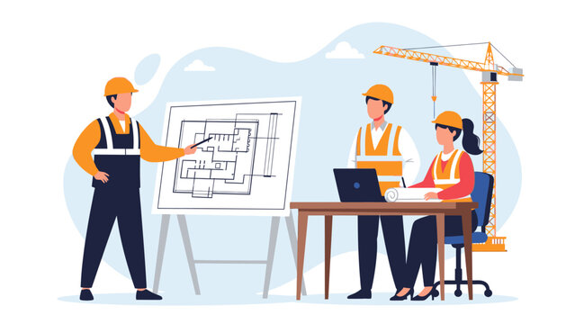 Construction team meeting discussing blueprints and project plans with a crane in the background