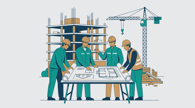 Construction team discussing blueprints on a table in front of a building under construction with a crane
