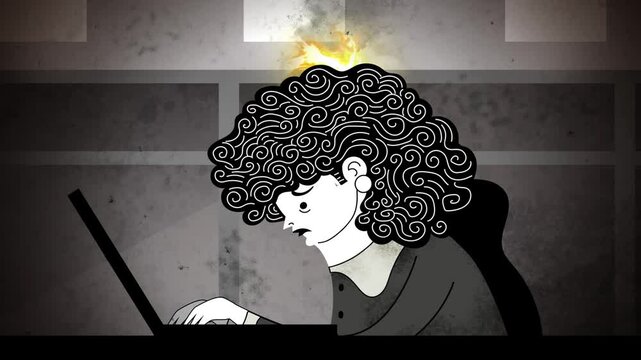 office woman with burnout working at a computer as fire and smoke rise from her head
