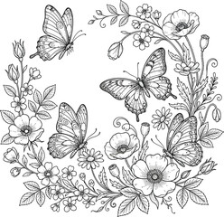 Fototapeta premium Butterflies flying around flowers and leaves, black and white illustration