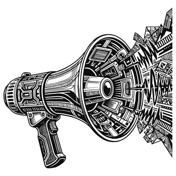 A detailed black and white megaphone bullhorn illustration with sound wave and abstract geometric patterns exploding into a digital landscape.