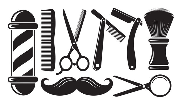 Professional barbershop tools set including razor scissors comb and shaving brush icons.