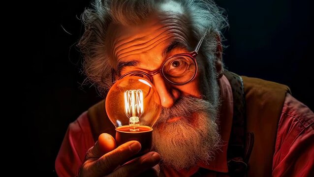 Bearded scientist holding glowing lightbulb. Senior inventor examining vintage lamp. Discovery of new idea and innovation concept for scientific research development.