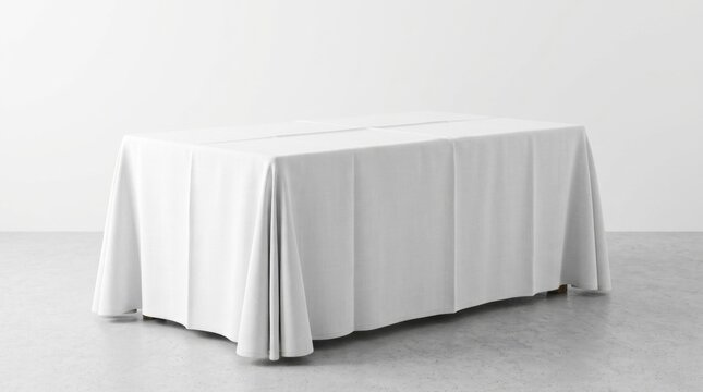 Neatly folded white tablecloth on rectangular table with Isolated fabric covering a against