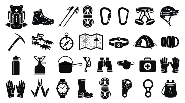 Comprehensive Collection of Mountain Climbing and Hiking Gear Silhouettes.