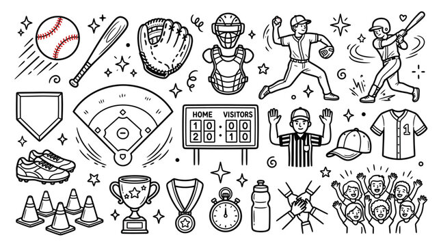Hand drawn doodle set of baseball game elements and players.