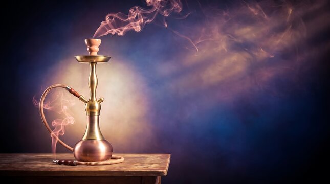Hookah on wooden table with smoke rising
