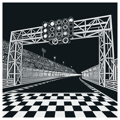 Obraz premium Professional race track illustration featuring starting lights above a checkered finish line for high speed motorsport competition at night.