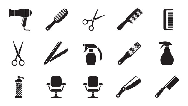 Set of hairdressing salon equipment including hair dryer comb scissor and spray bottles.