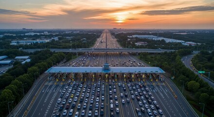 Aerial view of severe traffic congestion at a busy highway toll plaza during sunset with endless lanes of vehicles