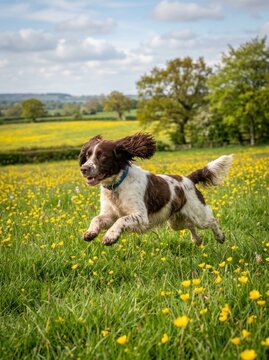 A lively, brown and white English Springer Spaniel runs through a field of yellow wildflowers. The dog leaps with its ears flapping in the wind, capturing a dynamic moment of joy and freedom.