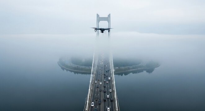 Airplane flies over foggy bridge traffic, creating an atmospheric transportation scene