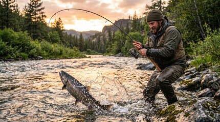 Naklejka premium Fisherman Pulling Fresh Catch from River During Golden Evening Light