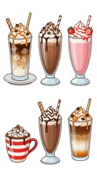 Sweet Coffee Drinks and Milkshakes Clip Art Set