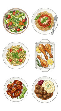 Classic Dinner Entrees, Pasta, and Fresh Salad Illustration