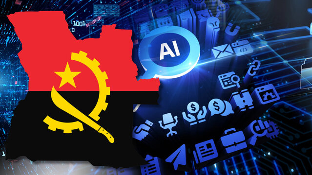 The Angolan digital transformation and artificial intelligence integration National development and tech industry growth during economic shifts Illustrated with an Angola map national flag a glowing 