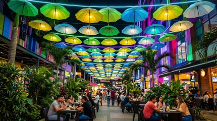 Obraz premium Nighttime Pedestrian Alley with Colorful Hanging Umbrellas and Neon Lights, Medellín, Colombia Urban Street Scene