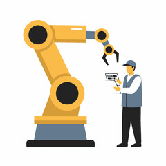 Worker inspecting robotic arm using handheld device. © Ghiska