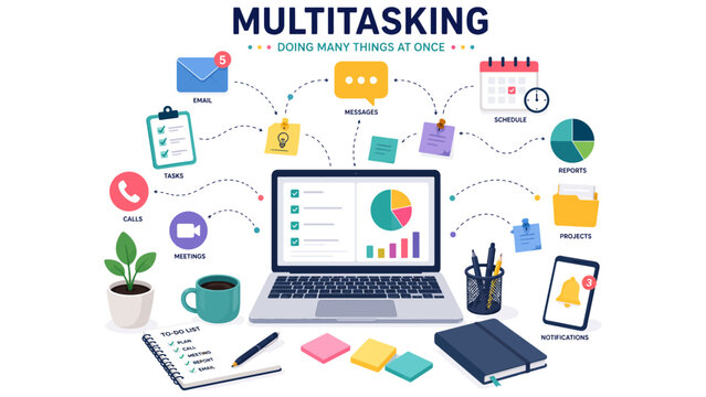 Business multitasking concept with office workspace and digital devices