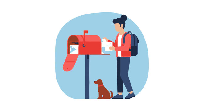 Woman with backpack checking mailbox beside small dog.