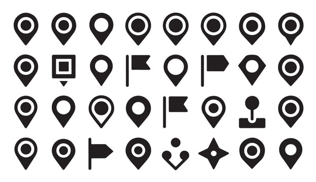 Various map pointer icons and location navigation signs for web and mobile applications.