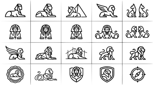 Minimal Sphinx Monoline Logo Egyptian Guardian Vector Set