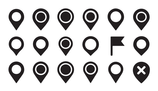 Set of black map pin icons for location tracking and navigation design element.