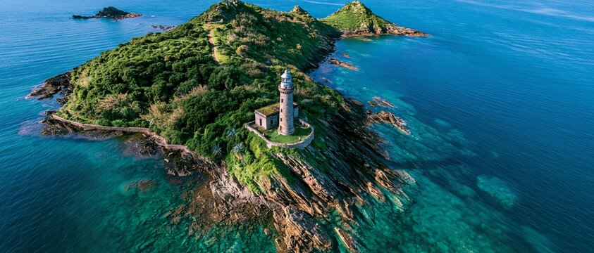 Aerial view of lighthouse on rocky island surrounded by turquoise ocean water