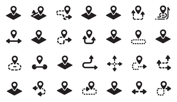 Map navigation icons showing directions routes and location tracking services.