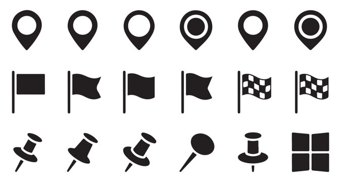 Set of flat map pin icons with various navigation symbols and location markers in black.
