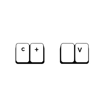 Keyboard key pairs set with minimalist vector illustration of a 2x2 grid featuring Ctrl, C, Ctrl, V, plus sign with black outline and monochrome