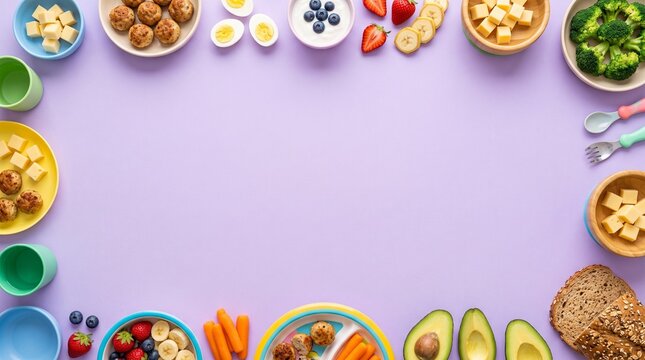 Healthy baby food background with organic fruits and vegetables on purple backdrop