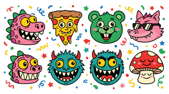 Cartoon monster and animal heads with confetti on white background