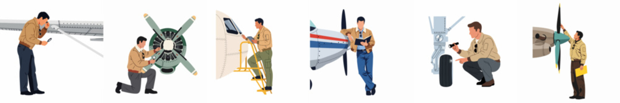 Series of flat vector illustrations depicting a pilot or mechanic performing comprehensive pre-flight inspections and maintenance on a small propeller aircraft.