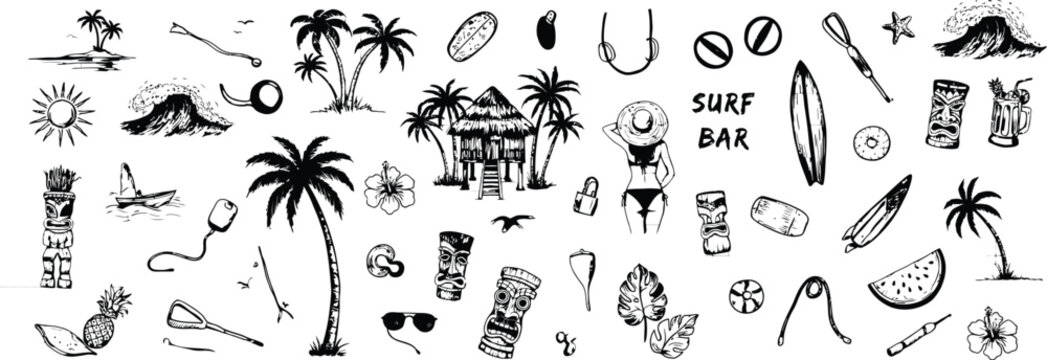 Tropical beach vacation including surfboards tiki masks palm trees and beach hut