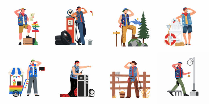 Flat vector character illustration set featuring a man in various outdoor roles and professions wearing a distinctive decorated denim vest.