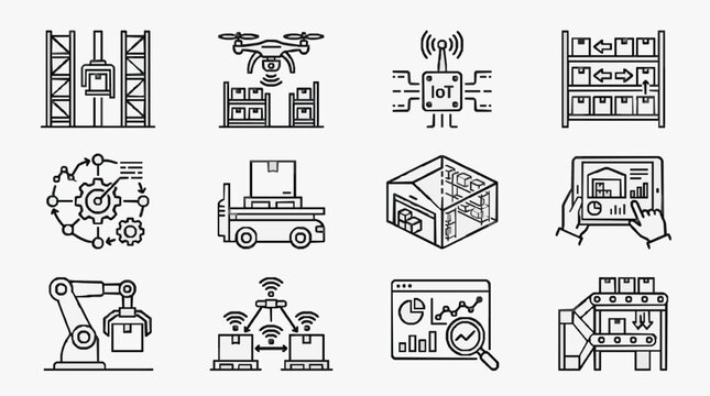 Elegant Black and White Line Icons Set Featuring Modern Warehouse Automation IoT Robotics and Data Analytics